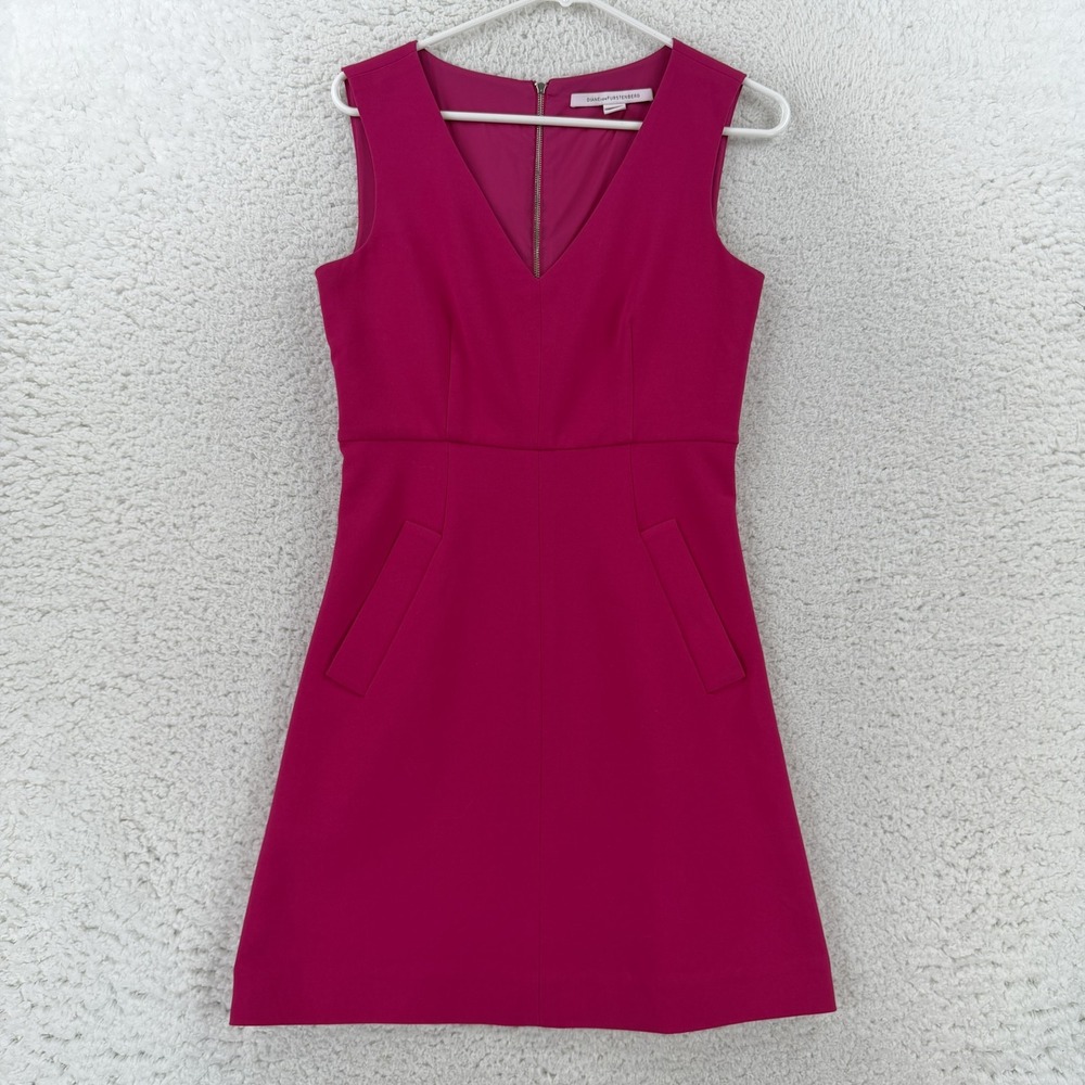 Diane Von Furstenberg Halle Dress Womens 2 Pink V Neck Sheath Mini D830602U14